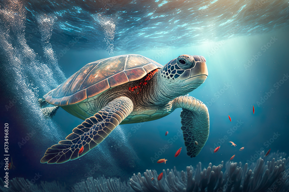 Wall mural Sea turtle swimming in the under sea , Beautiful Underwater and colorfull coral in wild nature of the Pacific Ocean , Create With Generative Ai