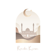 Ramadan Kareem greeting card. Modern Islamic pattern in Boho style. Arabian mosque and Crescent Moon in desert. Stock vector illustration.