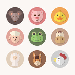 Set of animal circle face. Cute simple animal icon in circle each color. Mouse, Pig, Duck, Sheep, Frog, Cow, Alpaca, Horse and Chicken.