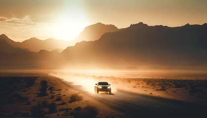 Fototapeta na wymiar Car traveling through the desert, dusty road under the sun.