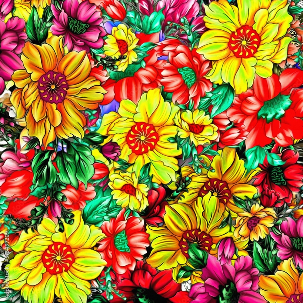 Poster computer graphics of abstract floral psychedelic background stylization of colored chaotic stickers 