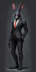 animal in a black suit with red tie, evil rabbit, business man, generative ai