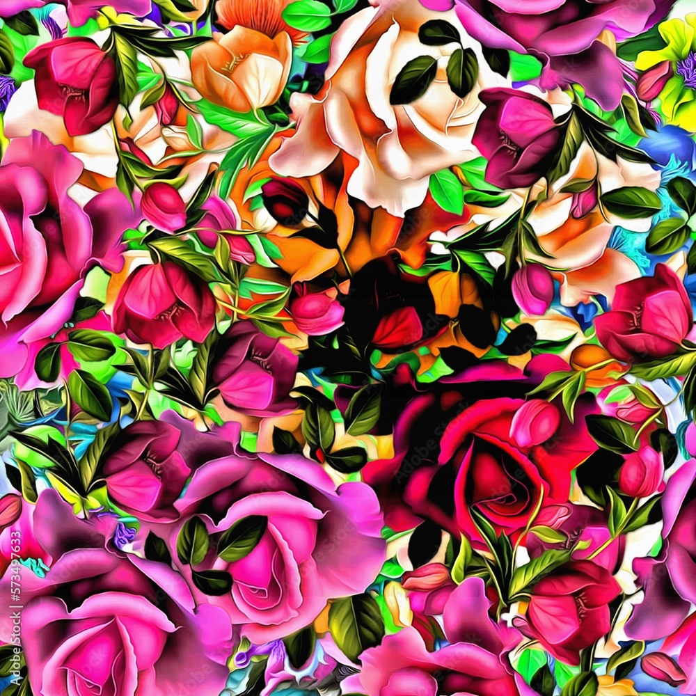 Poster computer graphics of abstract floral psychedelic background stylization of colored chaotic stickers 