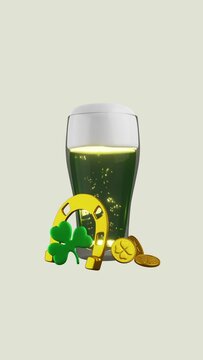 A glass of beer with bubbles and foam rotates together with a golden horseshoe, coins and a leaf of green shamrock. High quality St. Patrick's Day vertical looped 3d render animation
