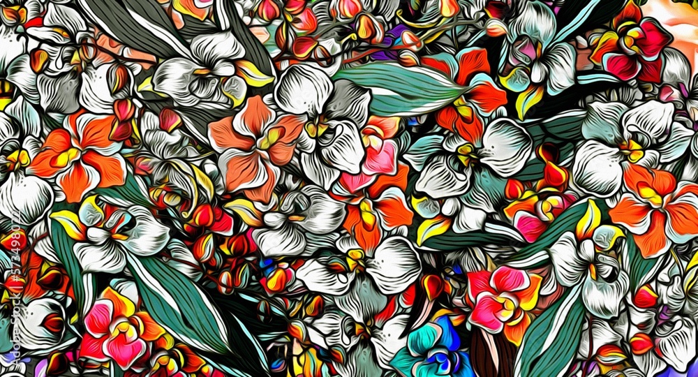 Poster computer graphics of abstract floral psychedelic background stylization of colored chaotic stickers 