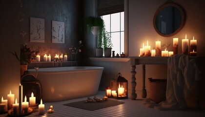 Bathtub of a spa with candles, blurred bathtub in the background generative ai