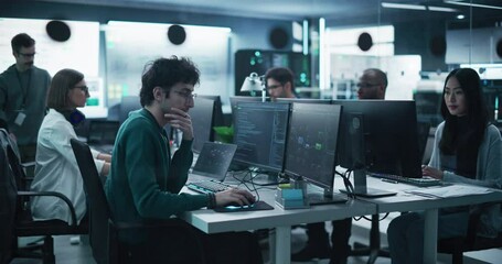 Team of Talented Young Professionals Working in a Technological Research and Development Facility. Diverse Specialists Using Computers, Writing Code, Planning Innovative Information Technology Project - Powered by Adobe