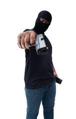 Burglar or terrorist. Holding pistol in various poses on background isolated with clipping path.transparent background. png.file