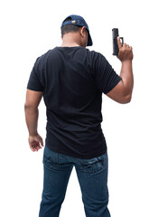 Burglar or terrorist. Holding pistol in various poses on background isolated with clipping...