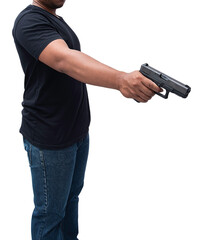 Burglar or terrorist. Holding pistol in various poses on background isolated with clipping path.transparent background. png.file