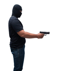 Burglar or terrorist. Holding pistol in various poses on background isolated with clipping path.transparent background. png.file