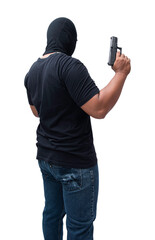Burglar or terrorist. Holding pistol in various poses on background isolated with clipping...