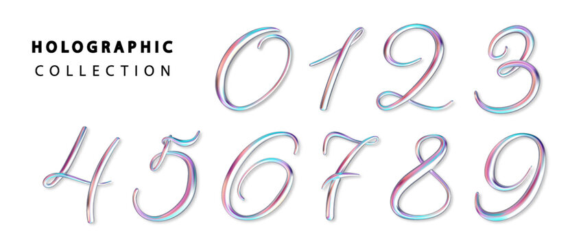 Holographic 3d realistic numbers isolated. Metallic number from zero to nine. Design element for festive party decoration. PNG