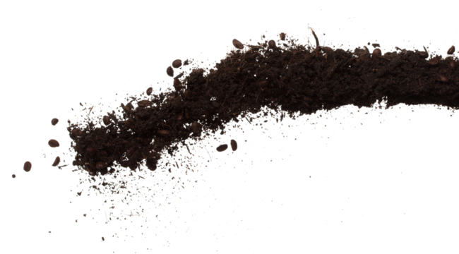 Fertilizer Coffee bean seed powder mixed soil fly fall, Fertilizer Coffee bean soil for planting float in air. Fertilizer Coffee bean throw in mid air. White background isolated high speed freeze