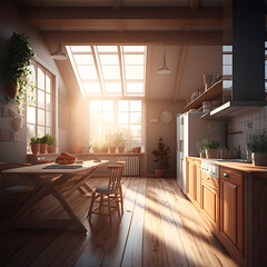 wood kitchen room interior design, generative ai