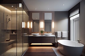 Magnificent modern bathroom with bath and shower in wood and marble, generative AI - obrazy, fototapety, plakaty