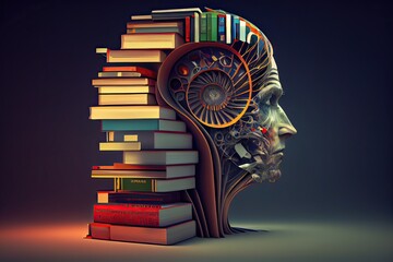 Human brain and books concept, knowledge and philosophy, generative AI - obrazy, fototapety, plakaty