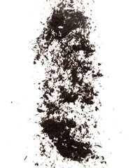 Soil dirt white rice mix fly explosion. Rice soil fertilizer abstract cloud fly. Soil mix jasmine rice planting splash stop in air. white background isolated high speed freeze motion