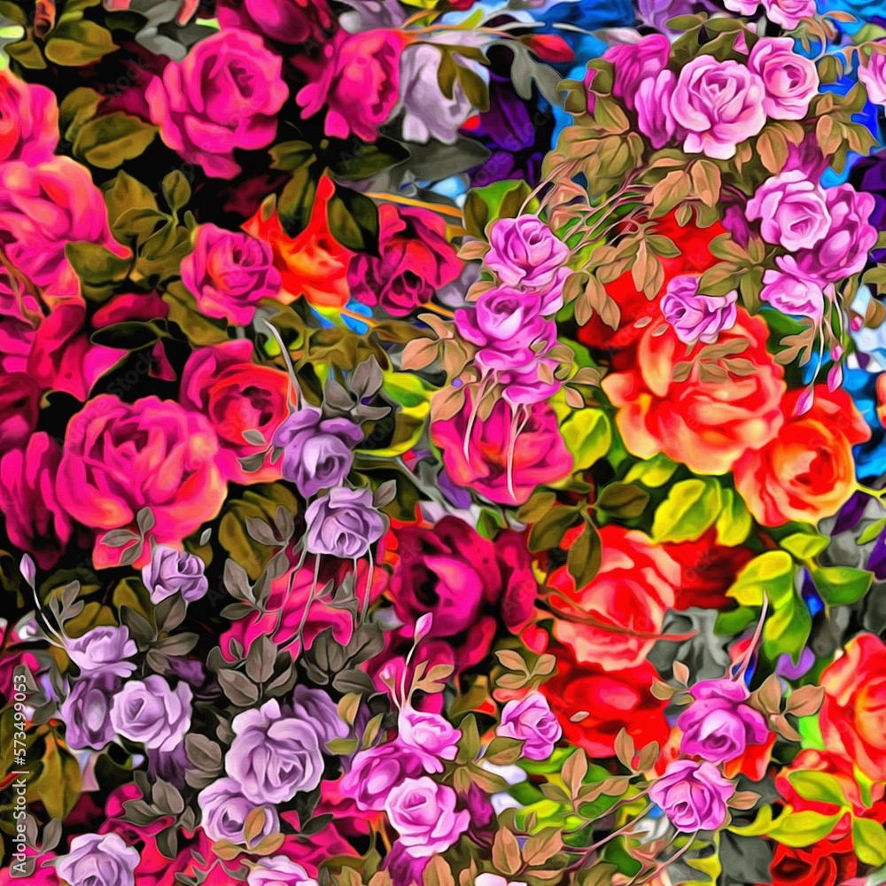 Poster computer graphics of abstract floral psychedelic background stylization of colored chaotic stickers 