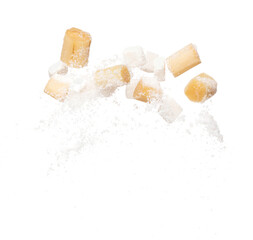 Pure Refined Sugar cane cube flying explosion, yellow chop sugarcane abstract cloud fly. Pure refined sugar sugarcane cut cubes splash stop in air, food object design. white background isolated