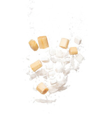 Pure Refined Sugar cane cube flying explosion, yellow chop sugarcane abstract cloud fly. Pure refined sugar sugarcane cut cubes splash stop in air, food object design. white background isolated