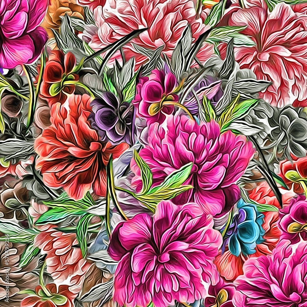 Poster computer graphics of abstract floral psychedelic background stylization of colored chaotic stickers 