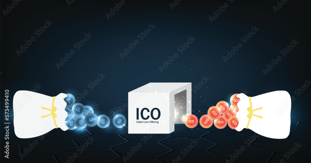 Poster ico token production process vector illustration and currency exchange. currency exchange and it sta