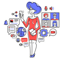 Online video chat of a young people doing their work and consulting remote about some project, online conference, webinar vector outline illustration.