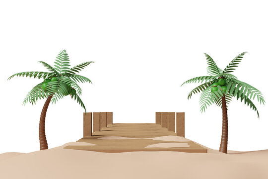 3d summer travel with wooden bridge leading into the sea on a bright day, palm tree, sea beach,  landscape, 3d render illustration