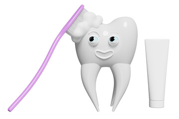 3d dental molar teeth model icon with toothbrush, toothpaste tube, face, bubble isolated. dental examination of the dentist, health of white teeth, oral care 3d render illustration