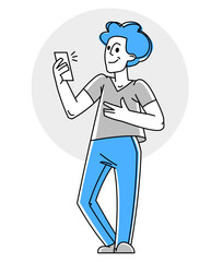 Young man with smartphone phone vector outline illustration.