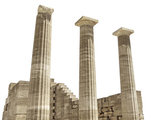 Ancient Greek antique temple facade ruins and columns isolated