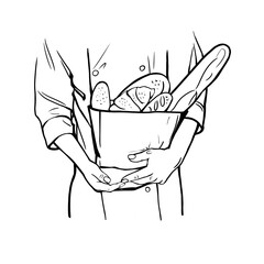 Hands holding a bag of bakery products, drawing, illustration for a bakery advertisement