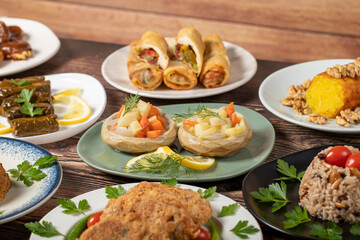 Ramadan table. Turkish food on wooden background. Iftar and sahur delicacies. Turkish oriental dishes. Types of appetizers. close up