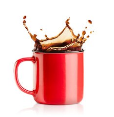 one red mug with a splash of coffee on a white isolated background
