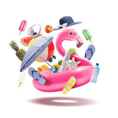 Happy inflatable flamingo and beach accessories - obrazy, fototapety, plakaty