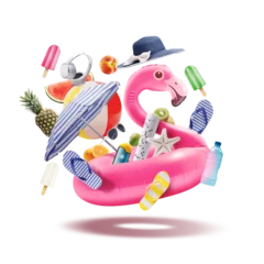 Gardinen Happy inflatable flamingo and beach accessories © stokkete