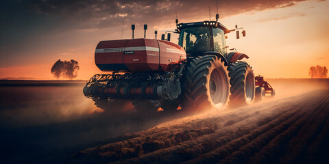 tractor on the field at sunset, generative ai