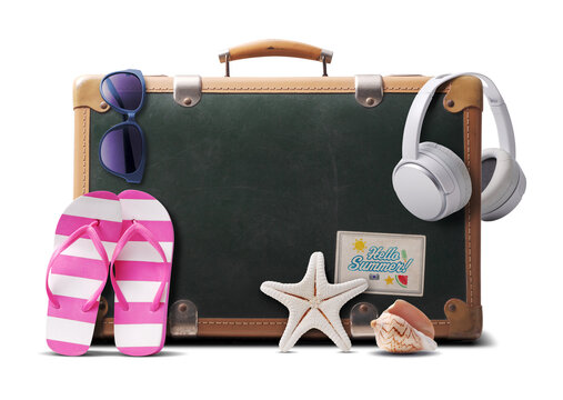 Beach accessories and vintage suitcase