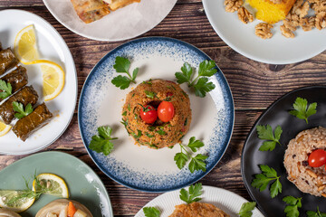 Ramadan table. Turkish food on wooden background. Iftar and sahur delicacies. Turkish oriental dishes. Types of appetizers. Top view