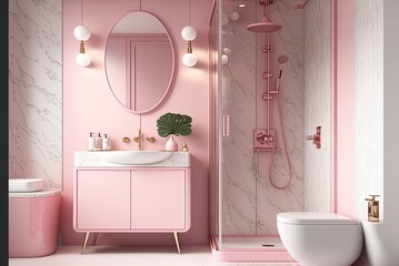 Nice cozy girl's pink bathroom with a shower and touch of luxury. AI generative for real estate companies.