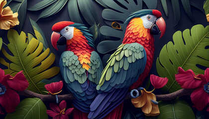 Exotic Bliss: A Colorful Painting of Parrots and Vibrant Tropical Flowers. Generative Ai