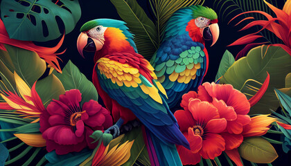 Vibrant Paradise: An Exotic Tropical Painting of Parrots and Flowers in Bright Colors. Generative Ai