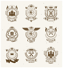 Heraldic signs, elements, heraldry emblems, insignias, signs, vectors. Classy high quality symbolic illustrations collection, vector set.