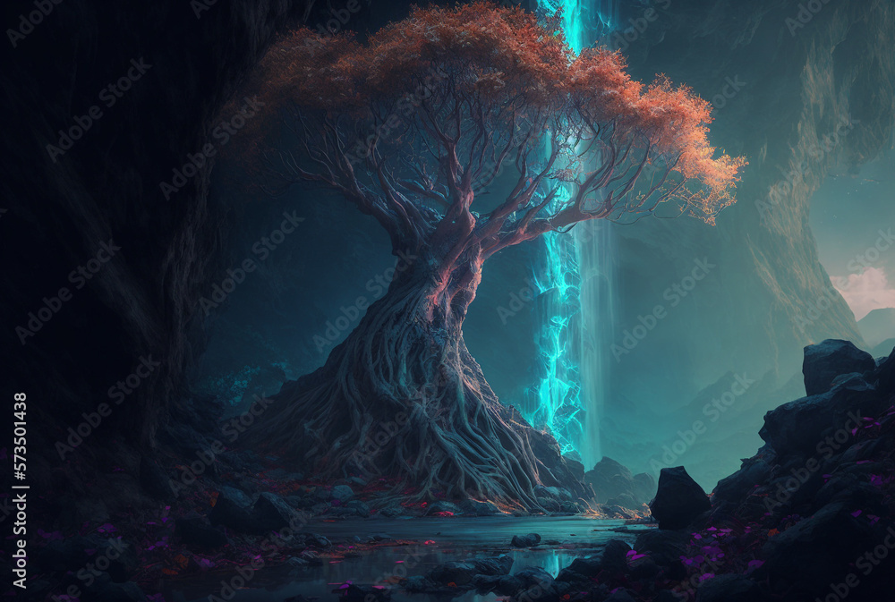 Poster giant magical tree in an enchanted land. created with generative ai technology.