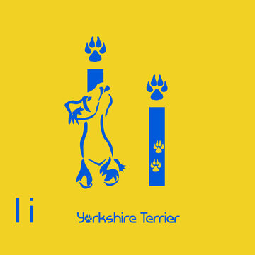 Unusual decorative font with a stylized image of a Yorkshire terrier. Typography with dogs based on gestalt design. Decoration with animals.