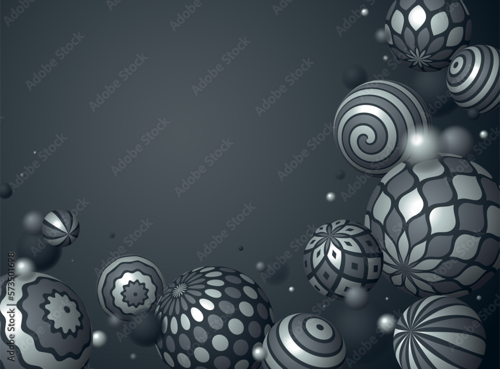 Poster realistic decorated metallic spheres vector illustration, abstract background with beautiful balls o