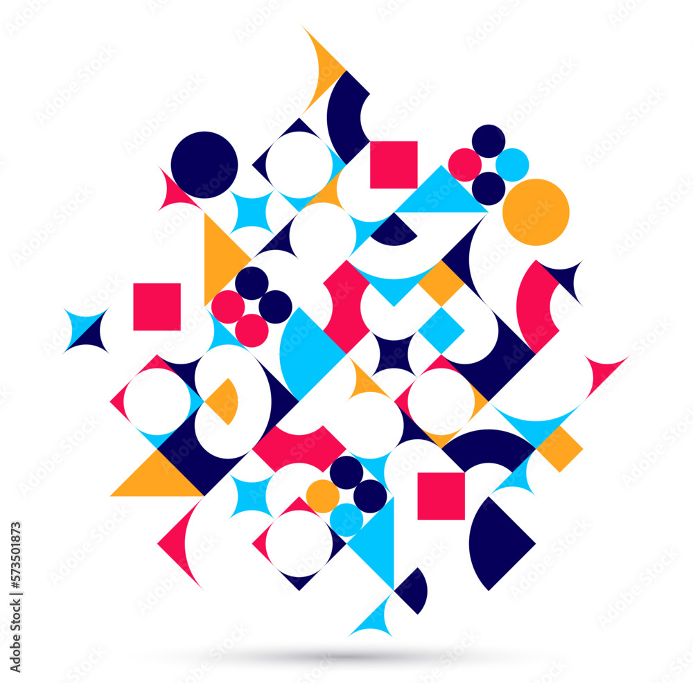 Poster abstract geometric design vector pattern composition, colorful 70s retro style template art isolated