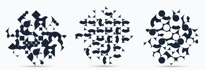 Abstract geometric backgrounds set isolated, vector black and white design elements in retro style of 70s, modern complex compositions with geometrical shapes.