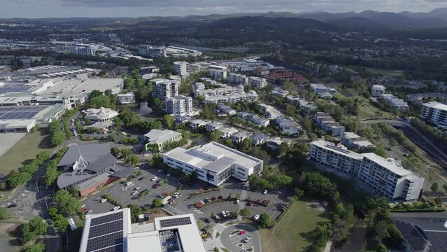 Buildings And Landmarks Near The Robina Town Centre In Gold Coast, Queensland, Australia. aerial sideways